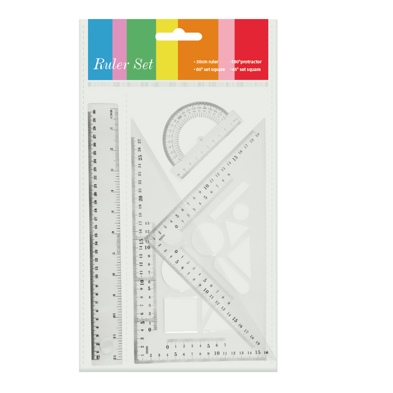 Набор линеек BEIFA BFAPSR-17 в комплекте: 30см линейка, 30°/60° треугольник 27см, 45°/45° треугольник 19см, 180° транспортир 10см OPP пакет