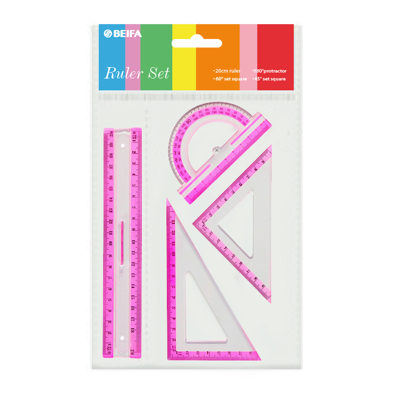 Набор линеек BEIFA BFAPSR-13 в комплекте: 20см линейка, 30°/60° треугольник 14.5см, 45°/45° треугольник 10см, 180° транспортир 10см OPP пакет