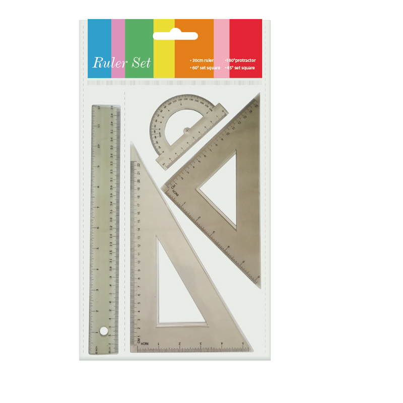 Набор линеек BEIFA BFAPSR-18 в комплекте: 30см линейка, 30°/60° треугольник 22.5см, 45°/45° треугольник 15.5см, 180° транспортир 10см OPP пакет